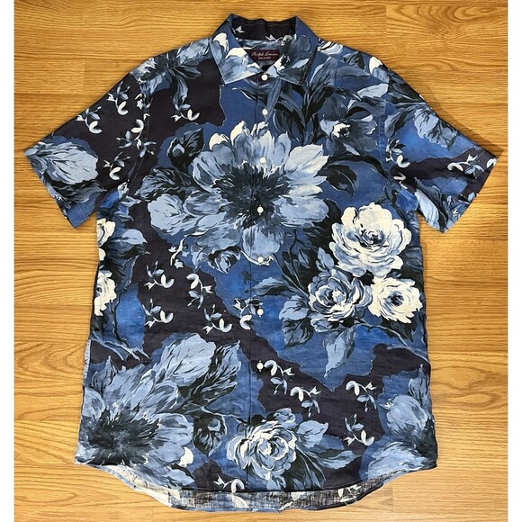RALPH LAUREN Purple Label 100% Linen Blue Floral Made In Italy Shirt Men's Sz XL - Picture 1 of 5